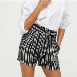 H&M Black & White High Rise Belted Striped Shorts